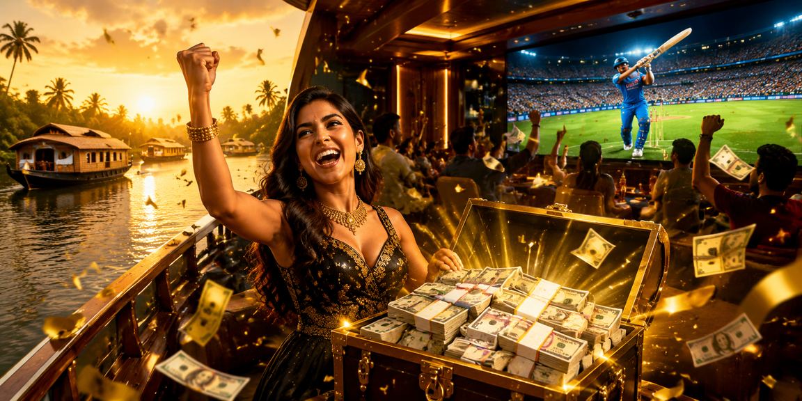 Woman using cricket betting app surrounded by backwaters